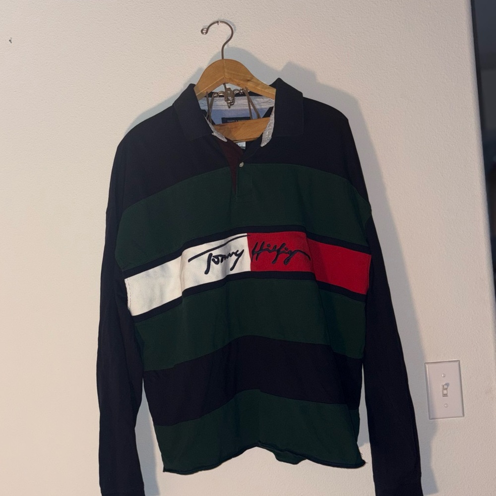 Tommy Hilfiger Men's Striped Rugby Polo - Black, Green, Red